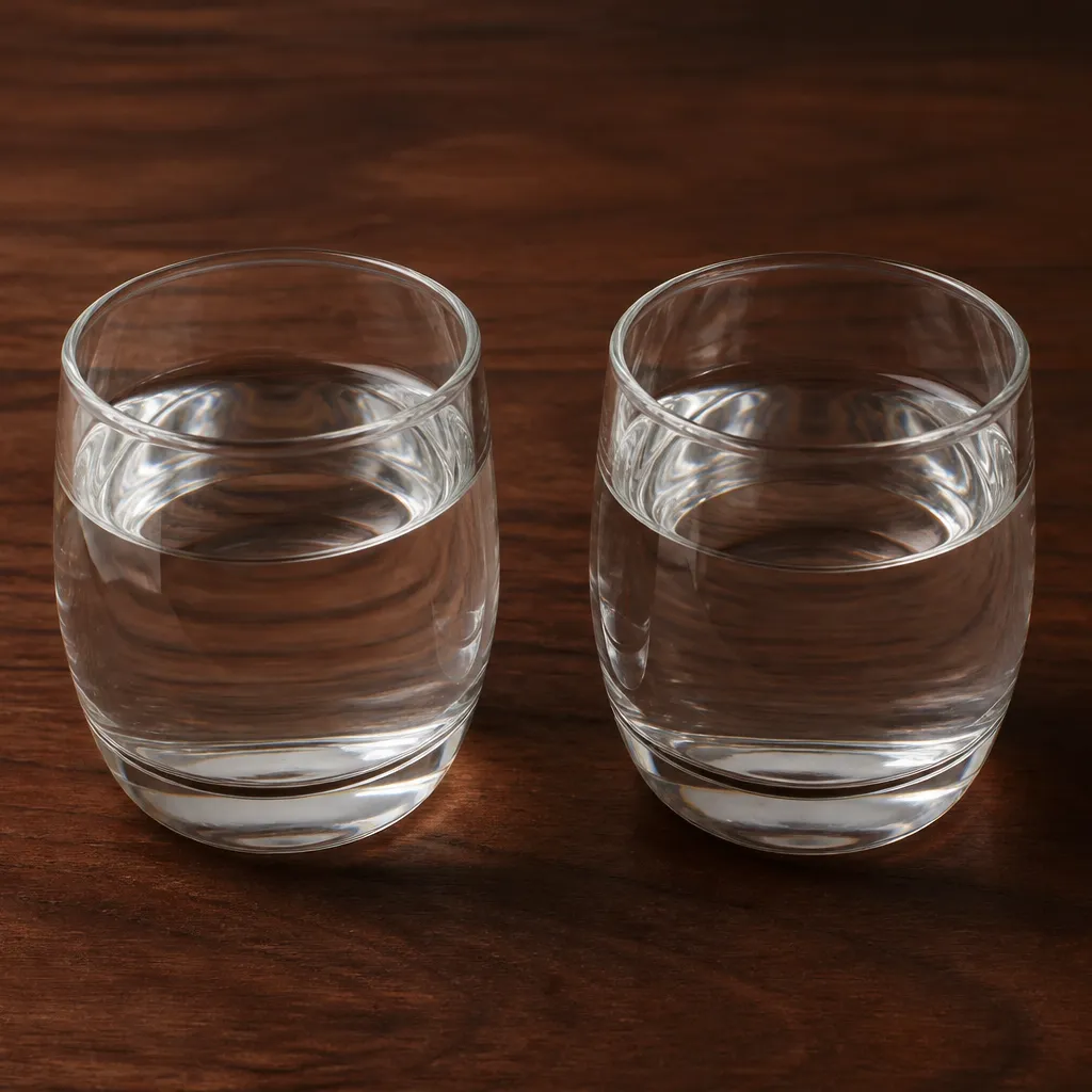 two water glasses on walnut